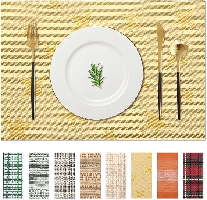 AHHFSMEI Placemats Set of 6 Washable Woven Vinyl Placemats for Dining Table Heat Resistant Non-Slip Stain Resistant Table Mats for Kitchen & Home Decor(Gold Star,6)