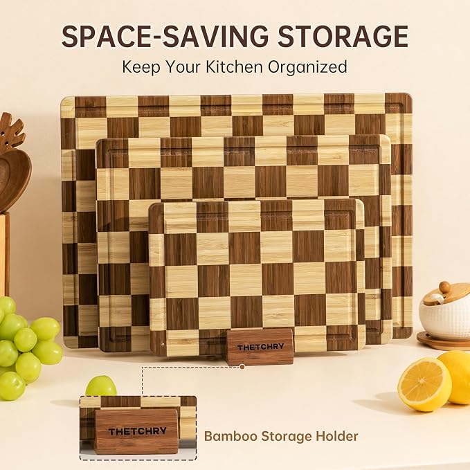 THETCHRY Bamboo Cutting Board Set, Checkered Wood Cutting Boards for Kitchen with Juice Groove, Non Toxic Wooden Charcuterie Boards, Non Slip Chopping Board for Meat Fruit Cheese, Housewarming Gift