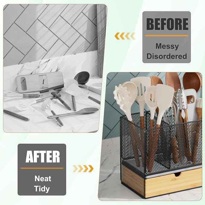 Utensil Holder, 2-in-1 Kitchen Utensil Holder with Silverware Drawer Organizer for Countertop, 3 Compartments Cooking Utensil Holder with Diatomaceous Earth Base for Kitchen Counter, Black