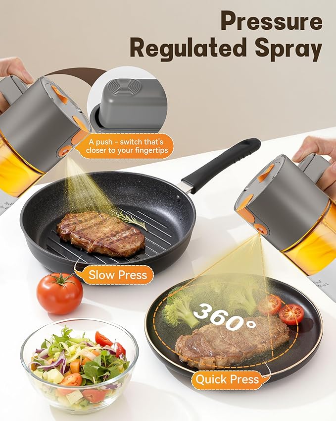 OURCABECUE Upgrade 2 in 1 Oil Sprayer for Cooking, 17oz Light-Blocking Glass Olive Oil Dispenser Bottle for Kitchen,Food-Grade Oil Mister with 8 Stickers for Salad, Frying (Grey)