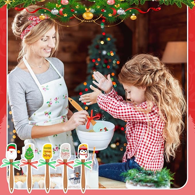 Newtay 5 Sets Christmas Silicone Spatula Cake Spatula Bulk Cooking Scraper with Wooden Handle Xmas Greeting Card Ribbon for Christmas Decoration Holiday Gifts Kitchen Party Favors (Cute Style)