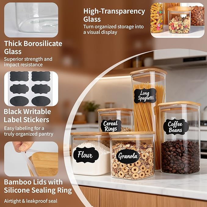 77L Glass Storage Containers with Lids [Multi-Size Set of 5], Airtight Glass Canisters for Kitchen & Pantry Organization, Clear Food Jars for Pasta, Cereal, Flour, Sugar, Coffee, Nuts & Snacks
