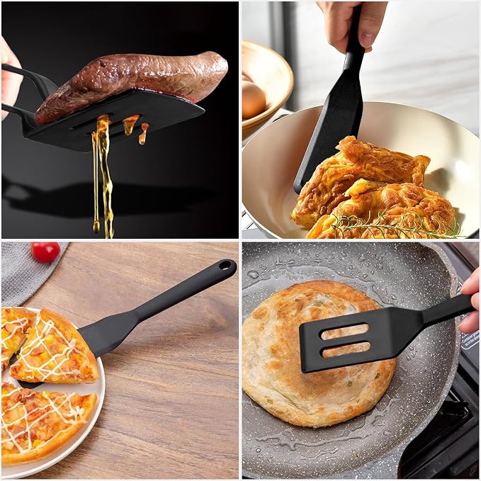 KIBBEH 3 Pack Heat Resistant Silicone Slotted Cooking Spatula Set, Multipurpose BBQ Clamp for Gripper Bread Clip, Fried Steak Clamp, Flipping Fish, Toast Salad Tongs