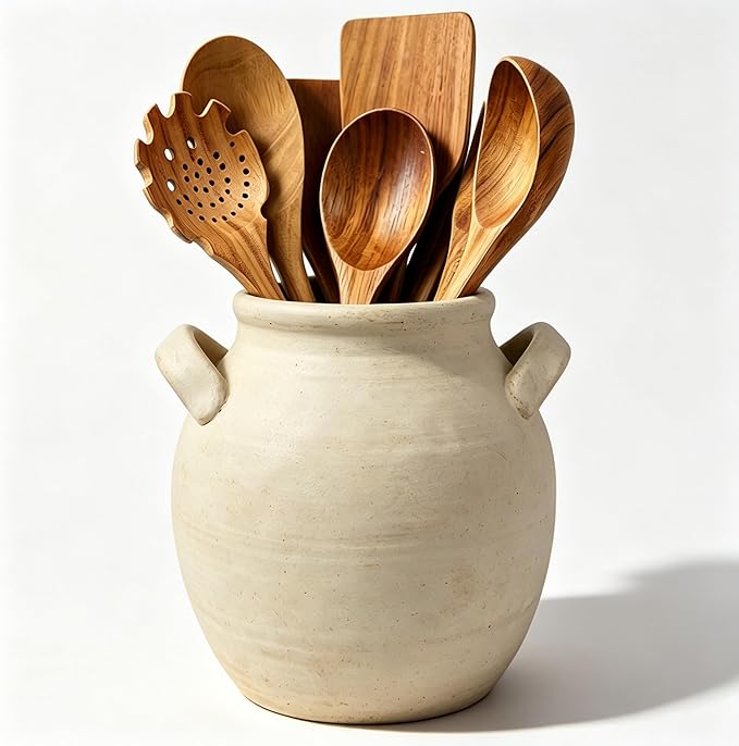Rustic Kitchen Utensil Holder with Handle, 7" Ceramic Farmhouse Stable Utensil Crock for Countertop, Vintage Cooking Tool Organizer & Spatula Holder For Kitchen Decor (White)