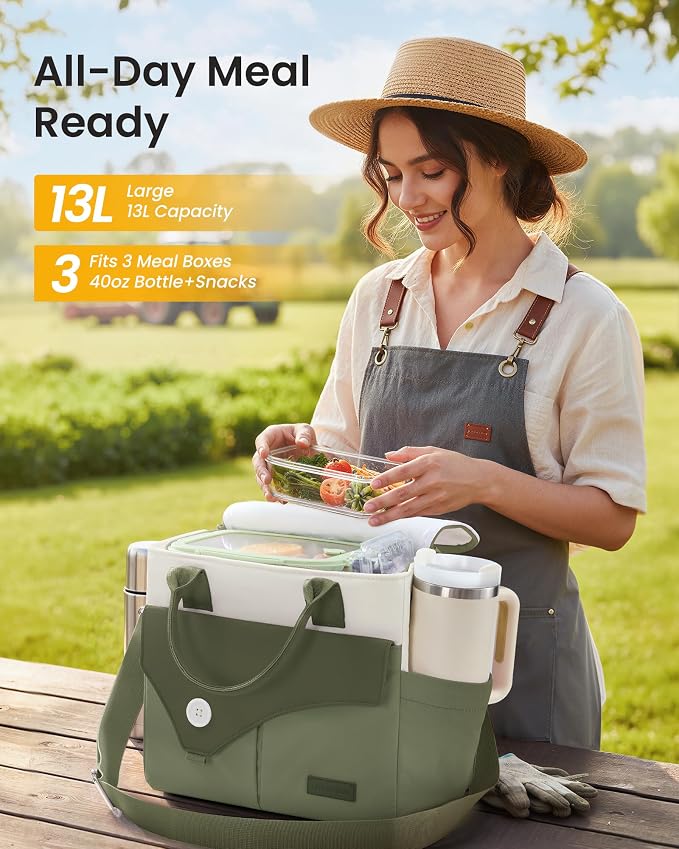 LOVEVOOK Large Insulated Lunch Bag for Women, Wide Opening Leakproof Cooler Tote with Large Cup Holder and Shoulder Strap, Cute Adult Lunch Box for Picnic Hiking Beach