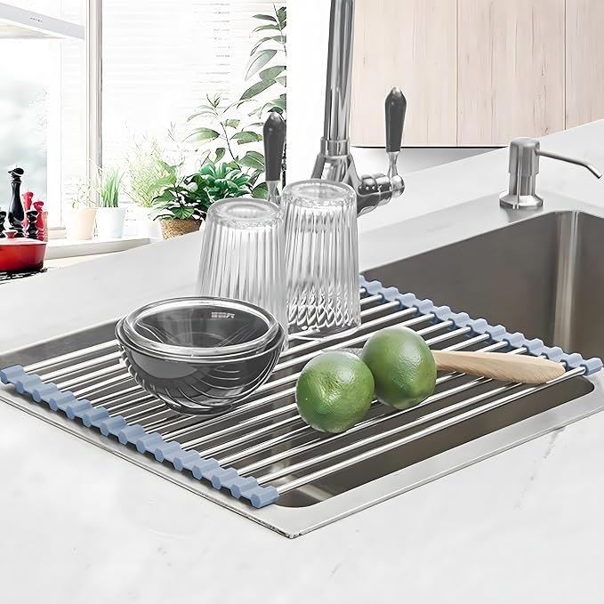 Roll up Dish Drying Rack Over The Sink Kitchen Roll up Sink Drying Rack Portable Dish Drainer Foldable Dish Drying Rack (Grey, (37 * 30) CM)