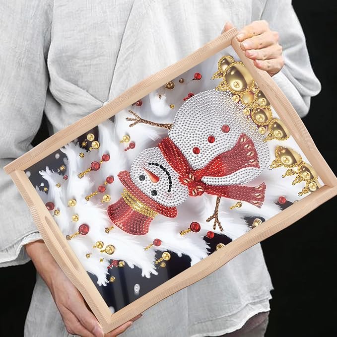 DIY Diamond Serving Tray Rectangular Breakfast Tray with Handle Handmade Diamond Art Painting Wooden Tray for Dinner Plate Coffee Room Living Home Organizer-Snowman02