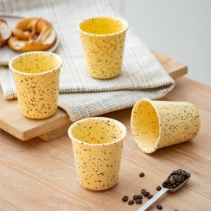 Coffee Mugs 10oz 4-Pack, Coffee Cups Ceramic with No Handle, Stackable, Drip-Free, Lead-Free, Microwave & Dishwasher Safe, Wedding & Housewarming Gift, Yellow