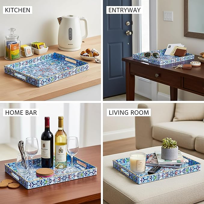 Hiceeden Set of 2 Boho Floral Serving Tray with Handles, 15.7" x 11.8" Decorative Plastic Ottoman Tray, Modern Large Coffee Table Server for Living Room, Bathroom, Kitchen, Rectangle, Blue