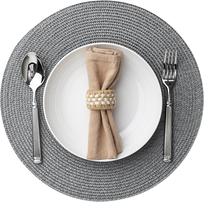 Baroyal Round Placemats Set of 12 Plastic Woven Placemats Washable Wipeable Table Mats for Dining Table Heat Resistant Non-Slip Circle Place Mats (Gray)