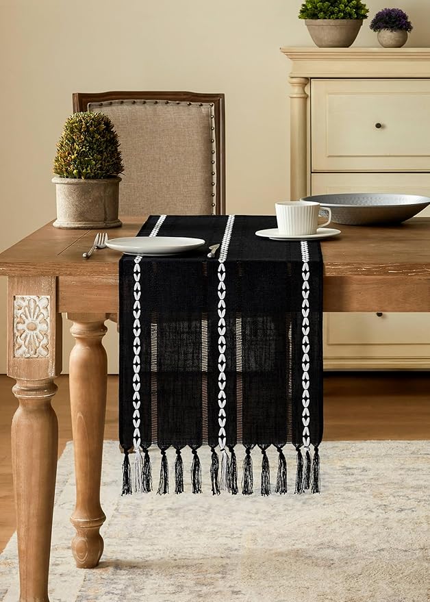 Hemstitched Farmhouse Table Runner, Black 13x72 Inch, Cotton Linen Table Runners 72 Inches Long, Embroidered Striped Orange Boho Table Runner Rustic Home Decor