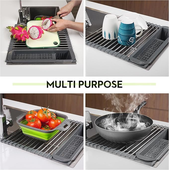 Roll Up Dish Drying Rack Over The Sink, 304 Stainless Stee Dish Drainer, Foldable & Adjustable Sink Drying Rack for Kitchen Sink Counter with Utensil Holder (Gray, Expandable)