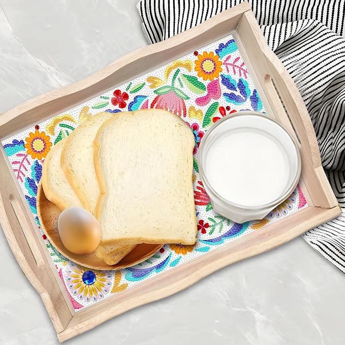 Generic DIY Diamond Serving Tray Rectangular Upgrade Increase Breakfast Tray with Handles Handmade Diamond Art Painting Wooden Tray Dinner Plate for Coffee Living Room Home Organizer-Pattern01