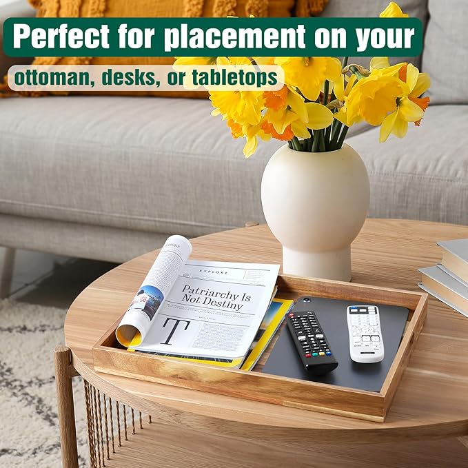 2 Pack Acacia Wood Serving Tray with Handles - 17 Inch Large Wooden Tray for Ottoman, Breakfast in Bed, Dinner, Coffee Table