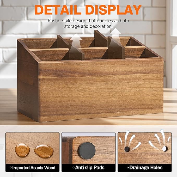 Wooden Utensil Holder Counter, Kitchen Utensil Organizer Large 6 Compartment Cooking Utensils Holder, Acacia Rustic Wood Farmhouse Storage Container Crocks for Silverware and Cooker Set