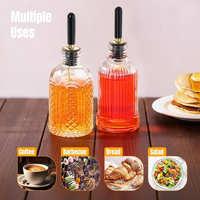 Baalaka 2-Pack Coffee Syrup Dispenser, 7 OZ/200ML Honey Dispenser, Small Syrup Bottles with Funnel & Extra Nozzles, Glass Syrup Dispenser for Coffee Shop, Home Kitchen