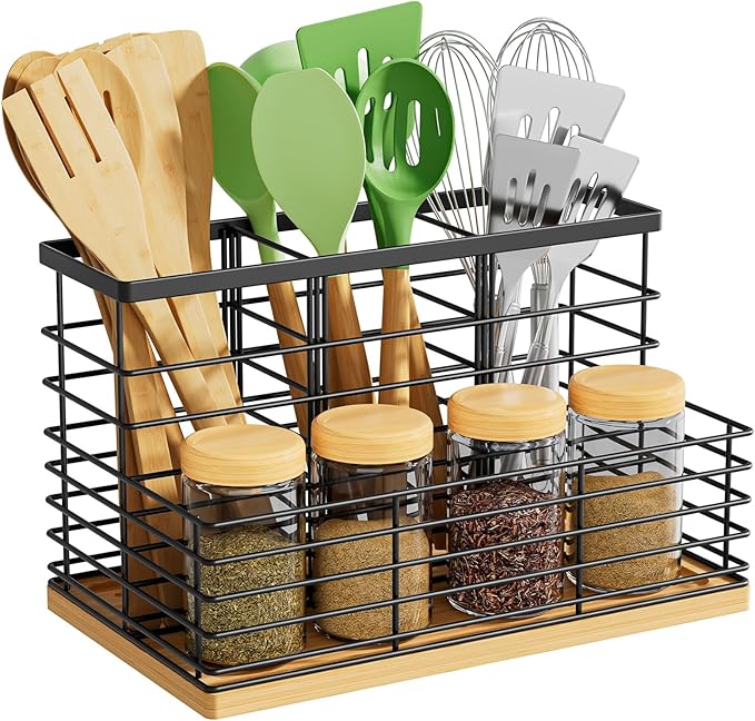 VITVITI Kitchen Utensil Holder for Counter, Large 4 Compartments Metal Bamboo Utensil Organizer, Farmhouse Cooking Utensils Holder Caddy for Countertop, Black