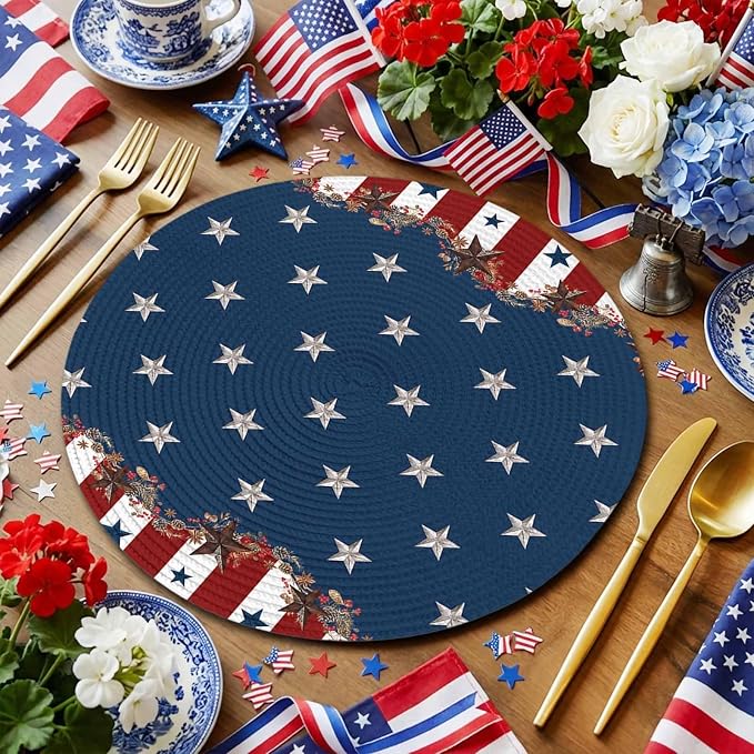 4th of July Round Placemats Set of 4 Rustic Star Stripes Place Mats Independence Day Woven Placemat Red White and Blue Circle Braided Table Mat for Kitchen Dining Table Holiday Party Decor 15 Inch