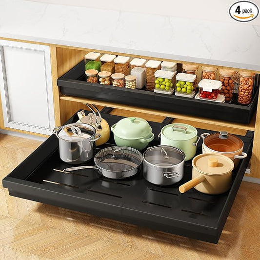 Pull out Cabinet Organizer, 4-Pack Expandable(13.6"-24") Silde out Drawers with Raising Pad for Framed Cabinets, Adjustable Full-Extension Roll out Shelves for Kitchen Pantry Home Pot and Pan(Black)