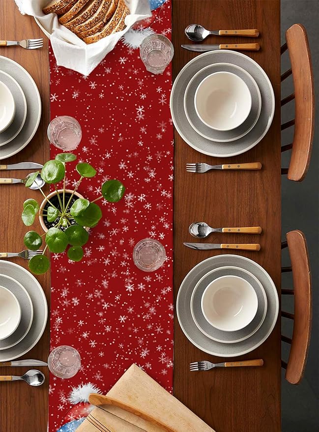 Snowman Christmas Table Runner - 90 Inch Long, Red Xmas Winter Snowflake Dining Table Runner Dresser Scarves, Rustic Let Snow Bird Christmas Decor for Coffee Table Wedding Party Banquet, 13x90 in