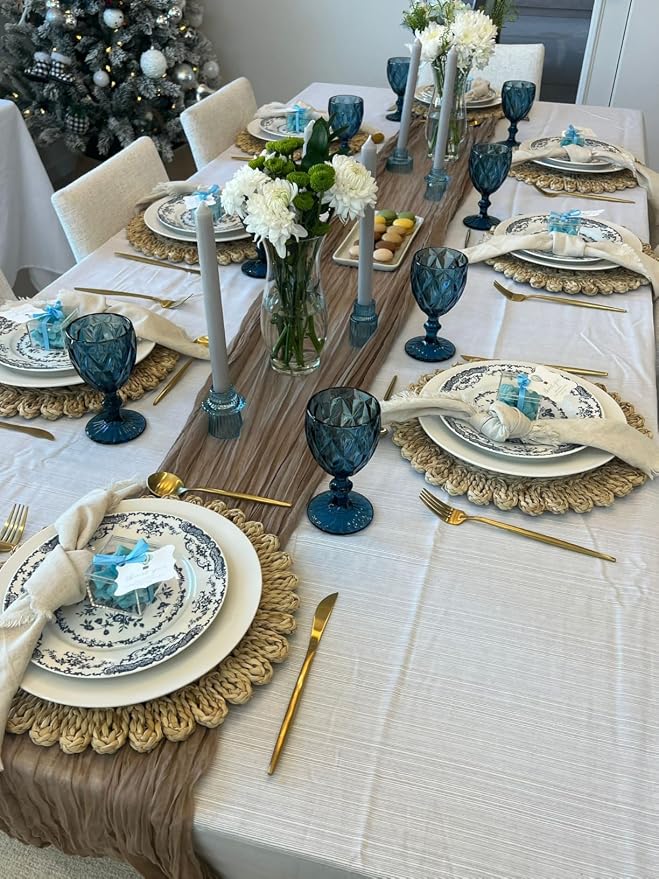 Laquedecraft 11.8" Set of 4 Round Corn Husk Placemats | Boho Woven Rattan Table Mats | Farmhouse Wicker Spring Plate Chargers Like Water Hyacinth, Seagrass for Wedding, Party, Christmas, Events