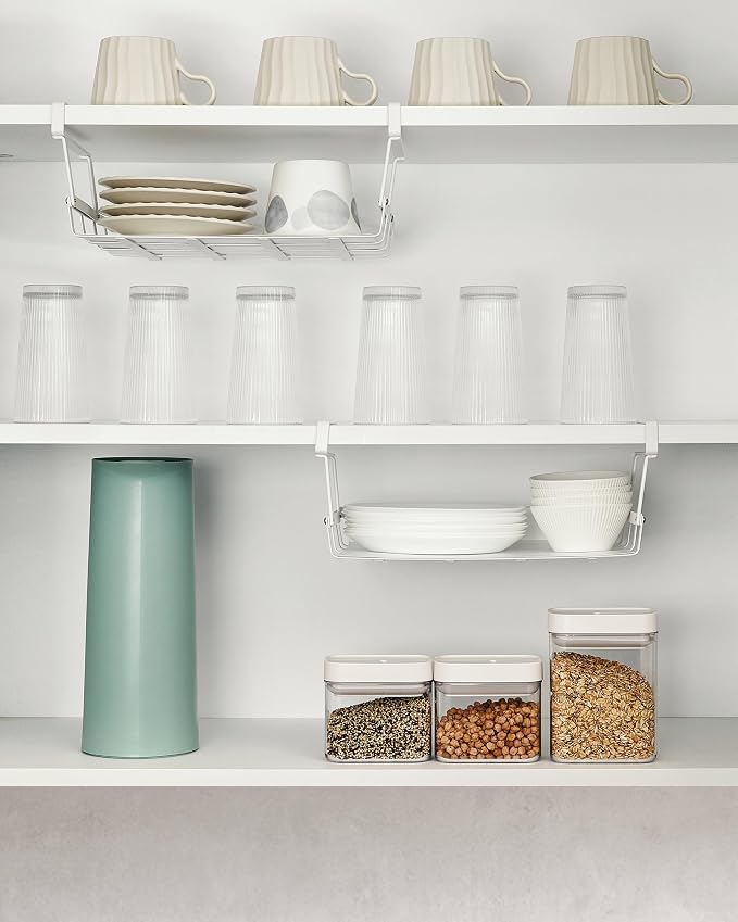 Under Shelf Basket, 2 Pack Under Cabinet Shelf Basket Organizer | Hanging Wire Storage Baskets, Slide-in, Add-on Space Saving for Kitchen Pantry Laundry Room Desk Bookshelf, White