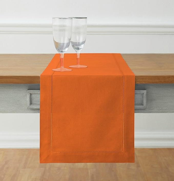 Solino Home Cotton Linen Pumpkin Table Runner 108 Inches Long - Hemstitch 14 x 108 Inch Table Runner - Handcrafted and Machine Washable