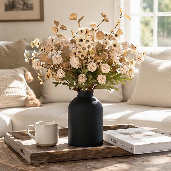 BLOSMON Beige Faux Flowers in Vase: Metal Vase with 12 Stems of Fake Mums Wax Eucalyptuses for Dining Table Centerpiece Decor - Artificial Silk Kiku Pom Poms Wild Farmhouse Floral Arrangements