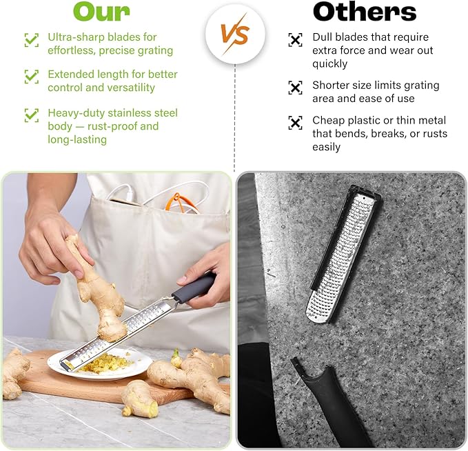 Zester Grater with Protective Cover – Fine Stainless Steel Lemon Zester cheese shredder for Kitchen, Ideal for parmesan, Garlic, Nutmeg, Chocolate, Fruits, Vegetables – Black