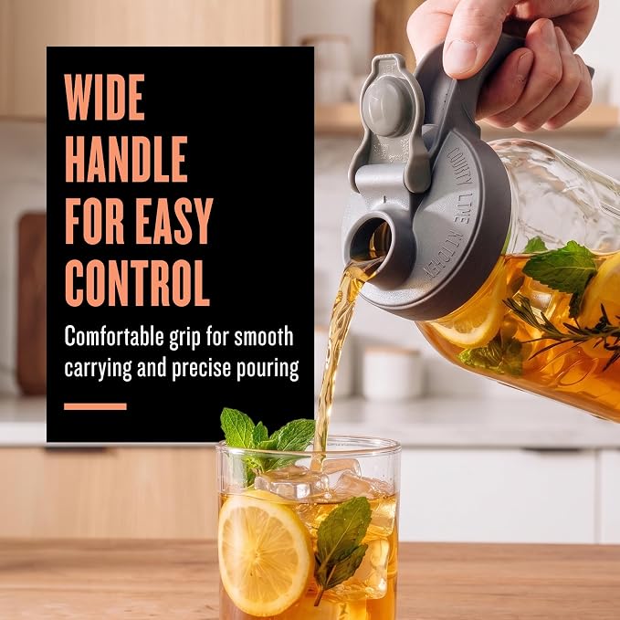 County Line Kitchen Glass Mason Jar Pitcher with Lid - Wide Mouth, 2 Quart (64 oz) - Heavy Duty, Leak Proof - Sun & Iced Tea Pitcher, Cold Brew Coffee, Breast Milk Storage, Water - Gray
