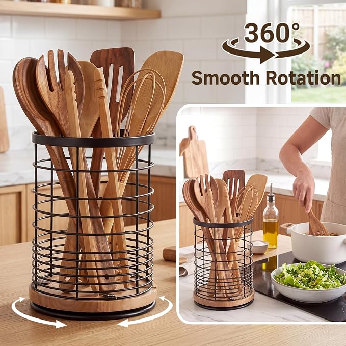 Domensi 360° Rotating Kitchen Utensil Holder Set of 2, Large & Small Bamboo Metal Utensil Crock for Countertop, Kitchen Organizer for Spatula, Spoon & Cooking Tools, Stable Base, 7.2" & 5.9"