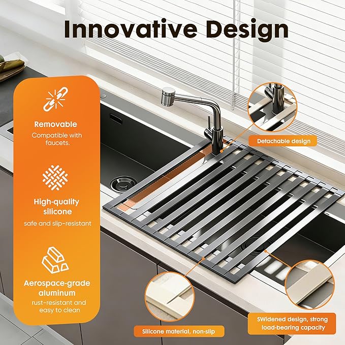 Foldable Over Sink Dish Drying Rack, Extra Wide & Thick Rust-Proof Aluminum Sink Cover for Counter Space, Collapsible Dish Drying Rack Fits Most Kitchen Sinks (Gray, 17.7“x13.6)