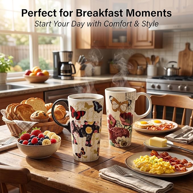 Topadorn Set of 2 17oz Ceramic Travel Mugs with Lids, Vintage Butterfly & Floral Coffee Cup Set, Spill Resistant Microwave & Dishwasher Safe Mug Set