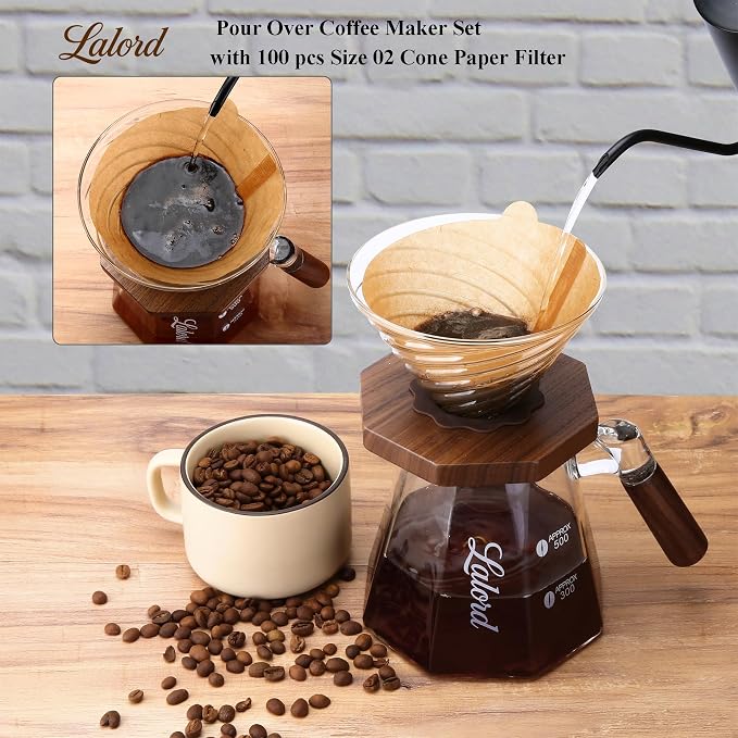 Lalord Pour Over Coffee Maker, 20 oz Borosilicate Glass Set with 100 pcs Paper Filter, Walnut Collar & Glass Lid, Drip Coffee Maker, 1-3 Cups, Clear (B-600 ml Set)