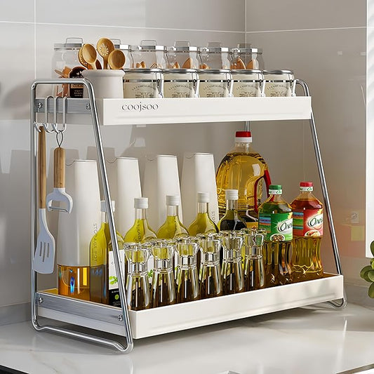 2 Tier Spice Rack Organizer, Kitchen Countertop Shelf with Hooks for Cabinet Pantry Seasoning Storage