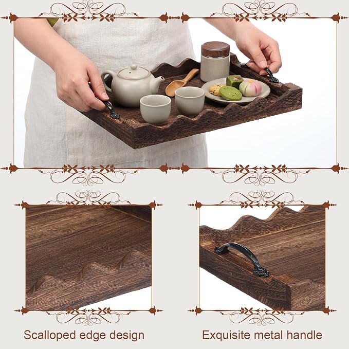 4 Pcs Rustic Wood Scalloped Serving Tray Wood Decorative Serving Tray with Handle Rustic Rectangular Platter 13 x 9.5 for Farmhouse Ottoman Breakfast Coffee Table Home Kitchen Decor(Brown)