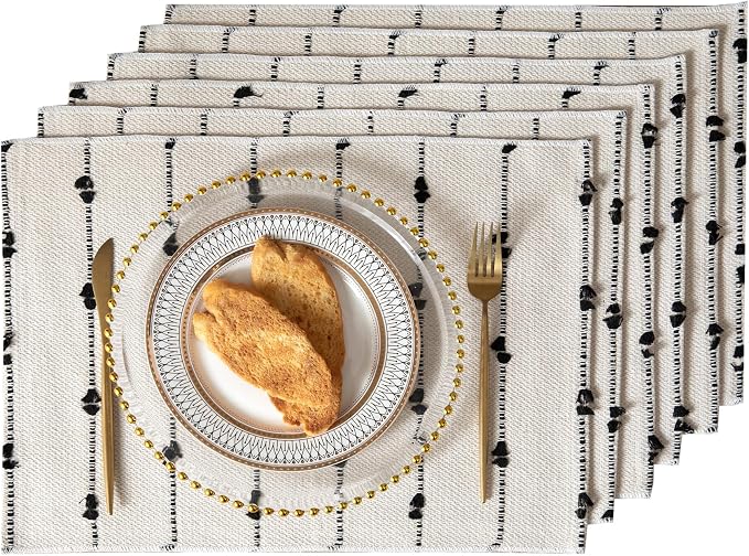 Boho Placemats Set of 6 for Dining Table Decor, Woven Cloth Place Mats for Farmhouse Rustic Kitche Home Decor, Cotton Placemats 13 x 19 Inch, Black and Beige Table mats
