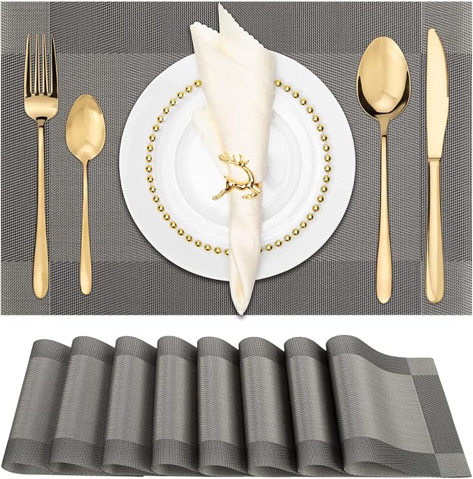 Winknowl Placemats for Dining Table Set of 8 Waterproof, Woven Place Mats for Kitchen Table Vinyl Heat Insulation Stain Resistant Placemats (Gray)