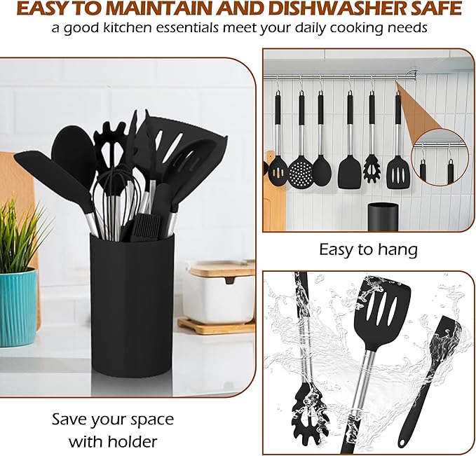 HaWare 29 PCS Silicone Cooking Utensils Set, Heat Resistant Kitchen Utensils Set with Stainless Steel Handle, Spatula Sets with Holder and Hooks, Kitchen Tools Gadgets for Nonstick Cookware -Black
