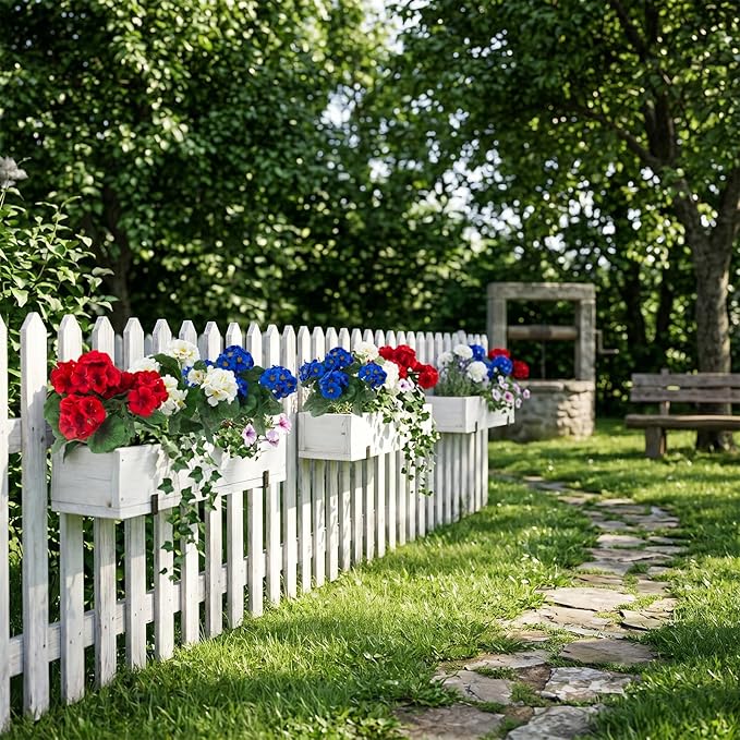 Hananona 12 Pcs Artificial Geranium Flowers for Outdoors Geranium Silk Red White Blue Flowers Outdoor UV Resistant Plants Faux Patriotic Flowers for 4th of July Home Decor (12, RedWhiteBlue)