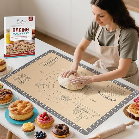 Silicone Baking Mat with 10 Quick Recipes, Extra Thick Silicone Mats for Baking, Non Stick Pastry Mat,Reusable kneading Dough Rolling Mat for Cookie, Macaron, Bread, Pizza-Tutorial Video Included
