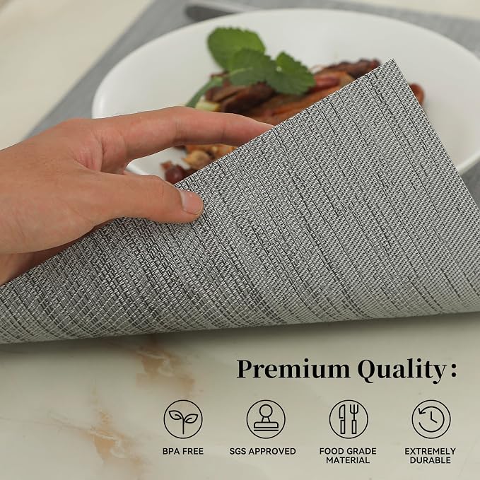 Leetaltree Grey Placemats, Heat Resistant Non-Slip Place mats for Dining Table, Washable Durable PVC Vinyl Woven Table Mats (Set of 16)
