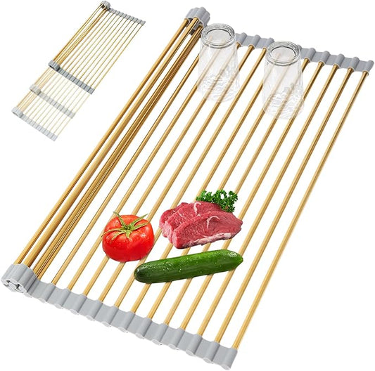 Golden Expandable Roll-UP Dish Drying Rack-Large 304 Stainless Steel Dish Drainer Over The Sink for Kitchen Countertop,Extendable & Rollable & Food Grade (Gold,22.08'x 13.2')