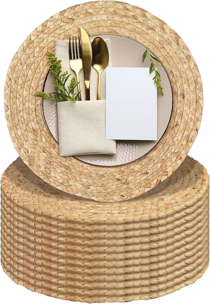Kochorie Set of 12 Round Woven Placemats 13.5-Inch Natural Water Hyacinth Plant Placemats Hand-Woven Boho Rattan Placemat Wicker Weave Table Mats for Home Dinner Plates Holiday Supplies