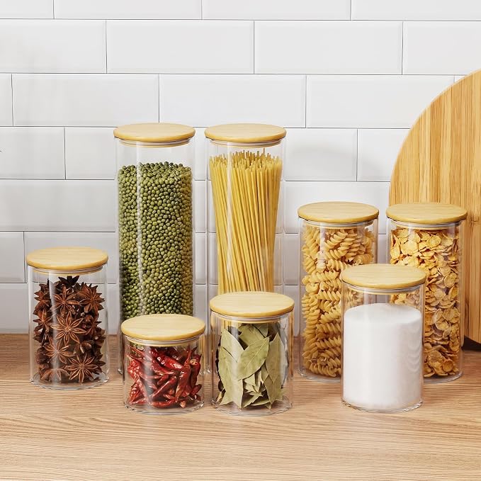OneDream Glass Container - 5 Pack MultiSize Glass Jars with Bamboo Lid, Bamboo Lid Storage Jar Canister for Coffee Beans, Cereal, Pasta, Flour, Tea, Nuts, Candy, Salts and More