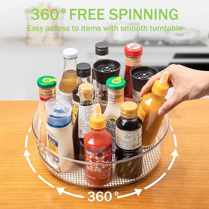 2 Pack Lazy Susan Cabinet Organizer with Handle 12 inch, Clear Spinning Lazy Susan Turntable for Pantry, Kitchen Sink, Corner Cabinet, Bathroom, Countertop, Non-Skid Liners Included, Free Rotating