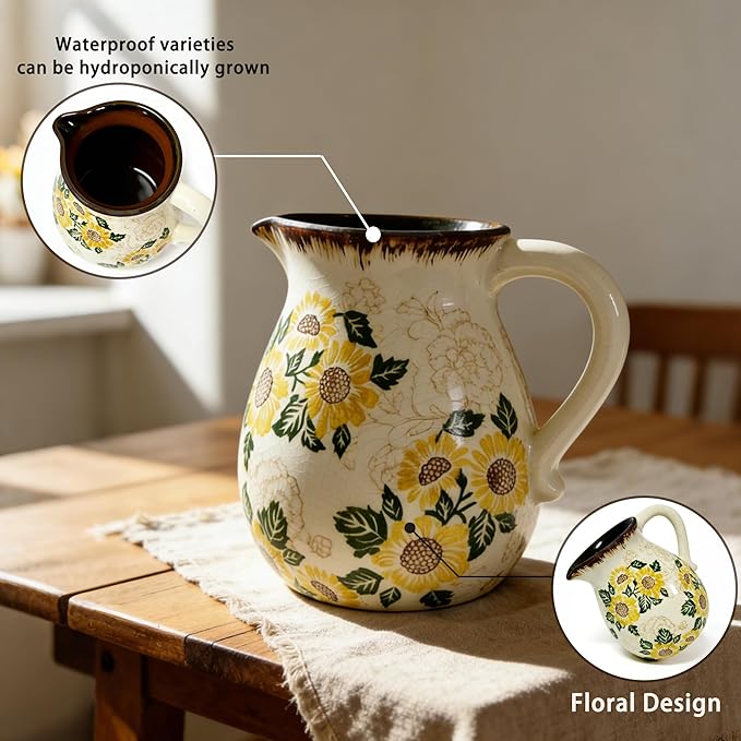 Ceramic Utensil Holder for Kitchen Counter, 6.1 Inch Modern Farmhouse Rustic Cooking Utensil Holder for Countertop Home Decor, Vintage Utensil Organizer Crock for Cooking & Spoon Tools (Sunflower)