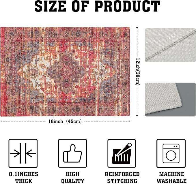 Rust Red Ethnic Boho Placemats Set of 4 Bohemian Carpet Vintage Linen Washable Kitchen Dining Southwestern Table Mats Stain Heat-Resistant Desktop Decor Place Mats for Home Party Indoor 12x18 in