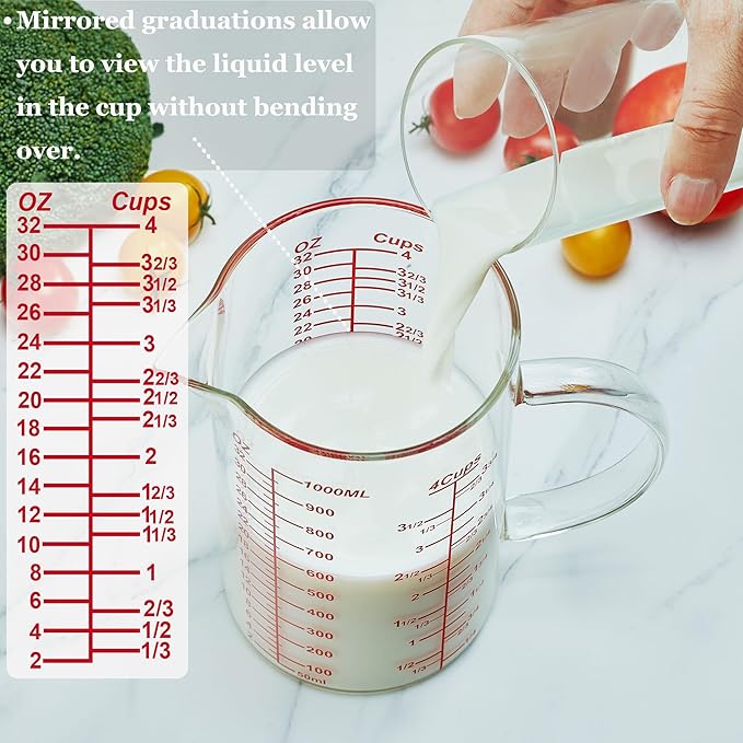 Ackers Mirror Graduated Glass Measuring Cup - [Insulated Handle | V-Shaped Spout] - High Borosilicate Glass Measuring Cup for Kitchen or Dining, Easy to Read, 1000ml (32oz, 4 Cup)