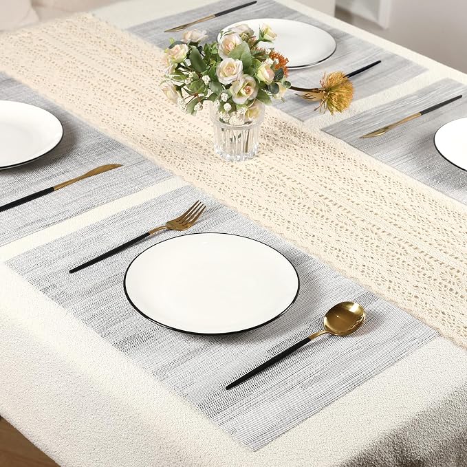 Gray Woven Placemats Set of 6 – Heat Resistant, Waterproof & Easy to Clean – Durable Synthetic Dining Table Mats for Kitchen, Restaurant & Outdoor Use